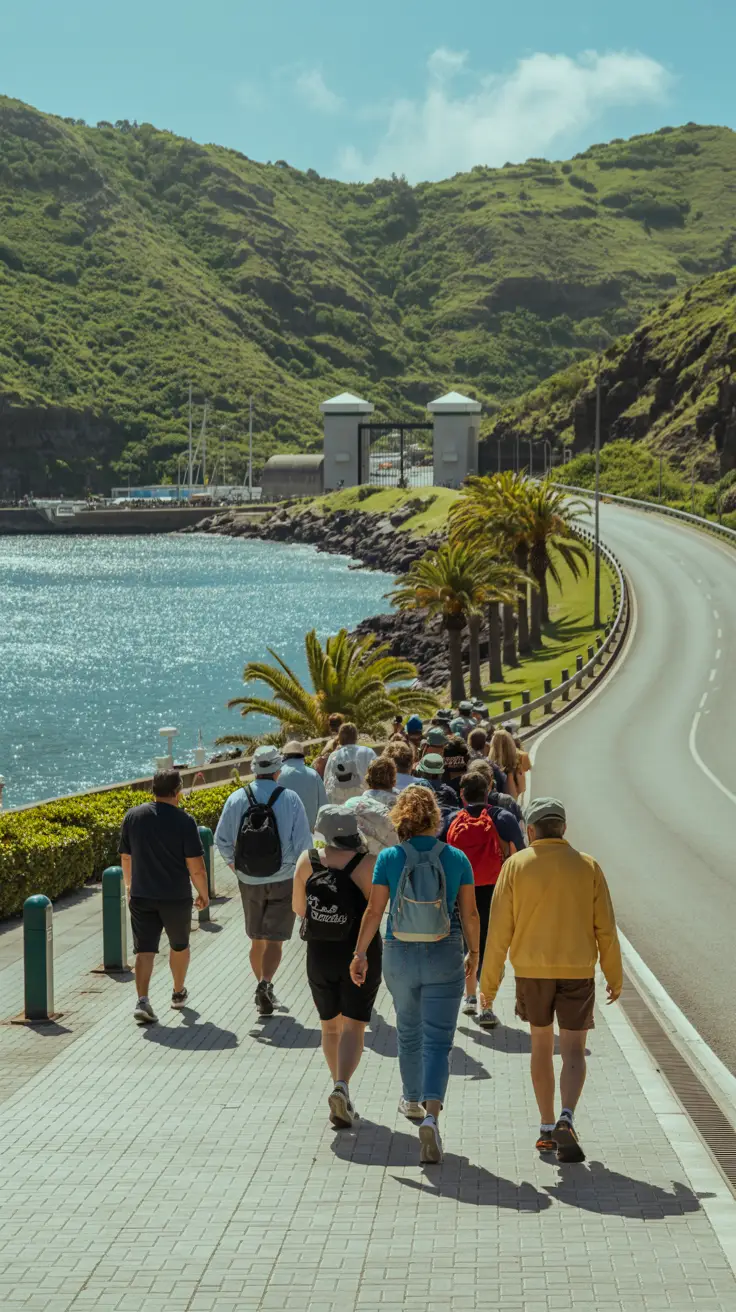 A sunny coastal road curves gently beside sparkling turquoise water, fringed with palm trees and backed by lush green hills, as cruise passengers in casual walking attire stroll along a paved path near a gated cruise port entrance.