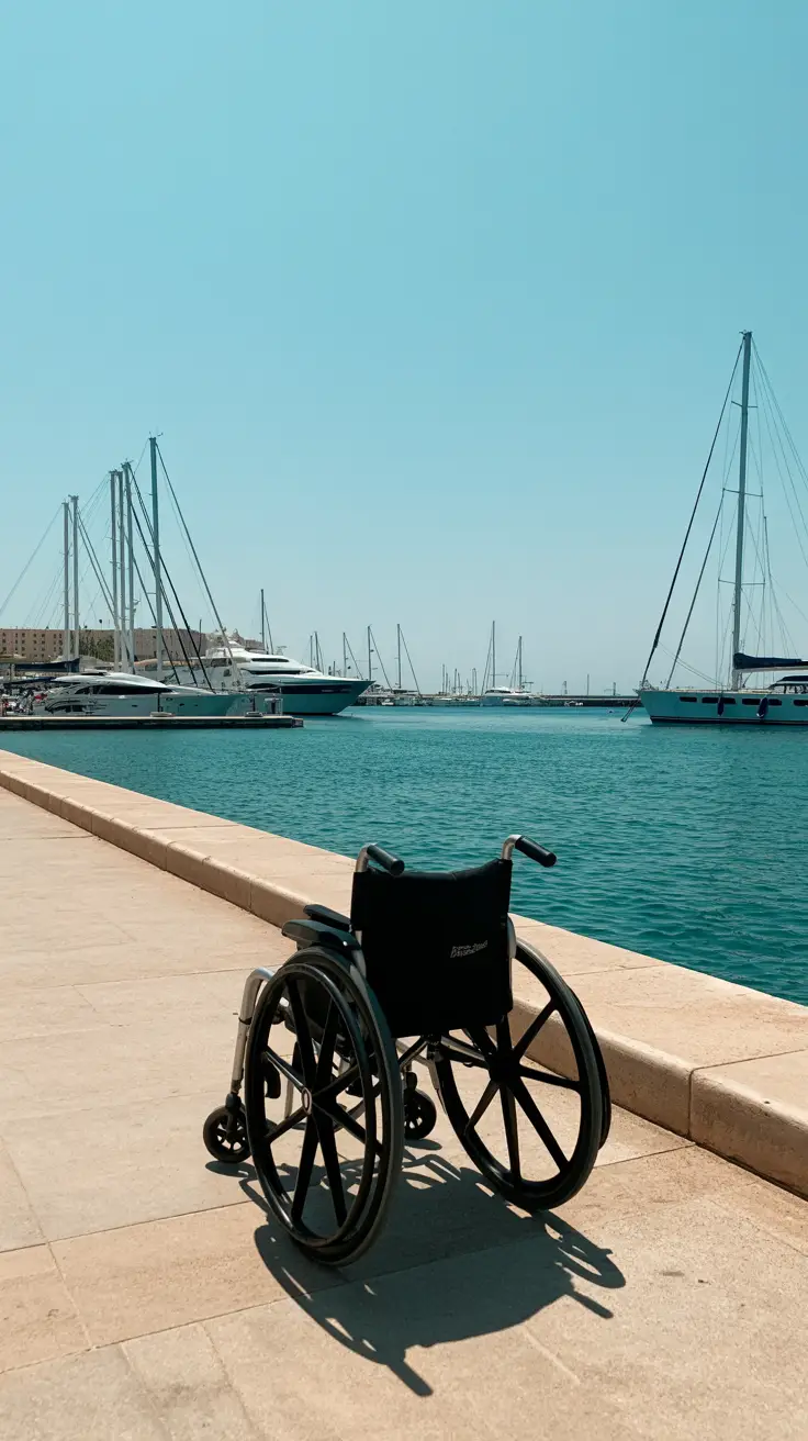 A sleek wheelchair rolls smoothly along the wide, sunlit promenade of Ibiza Port, with the turquoise sea sparkling beside it and yachts anchored in the calm bay.