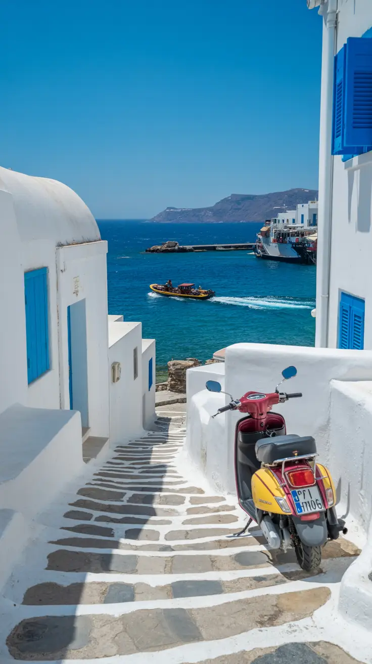 A narrow cobblestone pathway winds between whitewashed buildings with blue shutters, leading uphill from the Mykonos cruise port. A small, colorful scooter is parked beside one of the walls, its shadow stretching under the bright Mediterranean sun. In the distance, a local water taxi glides across the turquoise sea toward the bustling harbor.