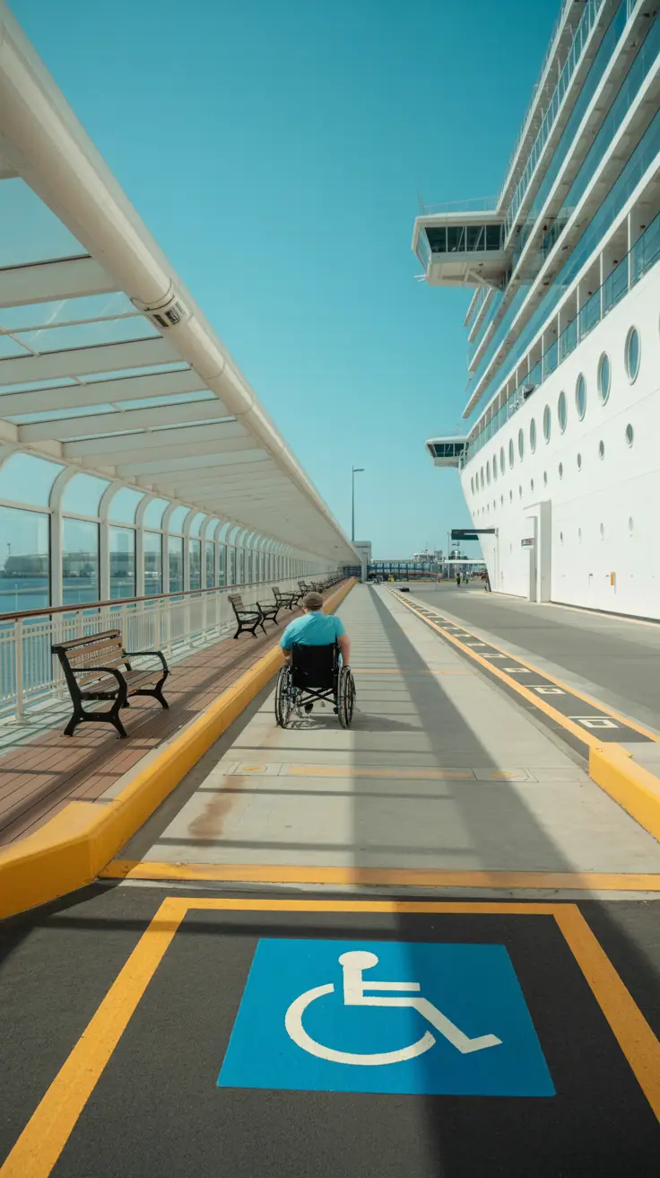 Wheelchair user navigates a smooth, gently sloped pathway from a cruise ship to the terminal on a sunny day, with a covered walkway, shaded bench, and accessible taxi space nearby.
