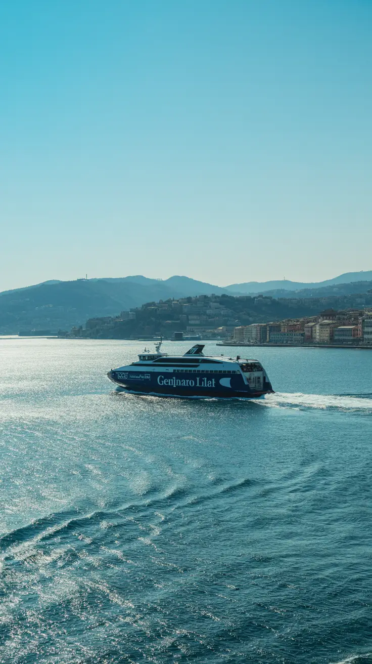 A sleek ferry glides across sparkling blue waters, framed by the sunlit coastline of Genoa, with distant hills rising under a clear, bright sky.