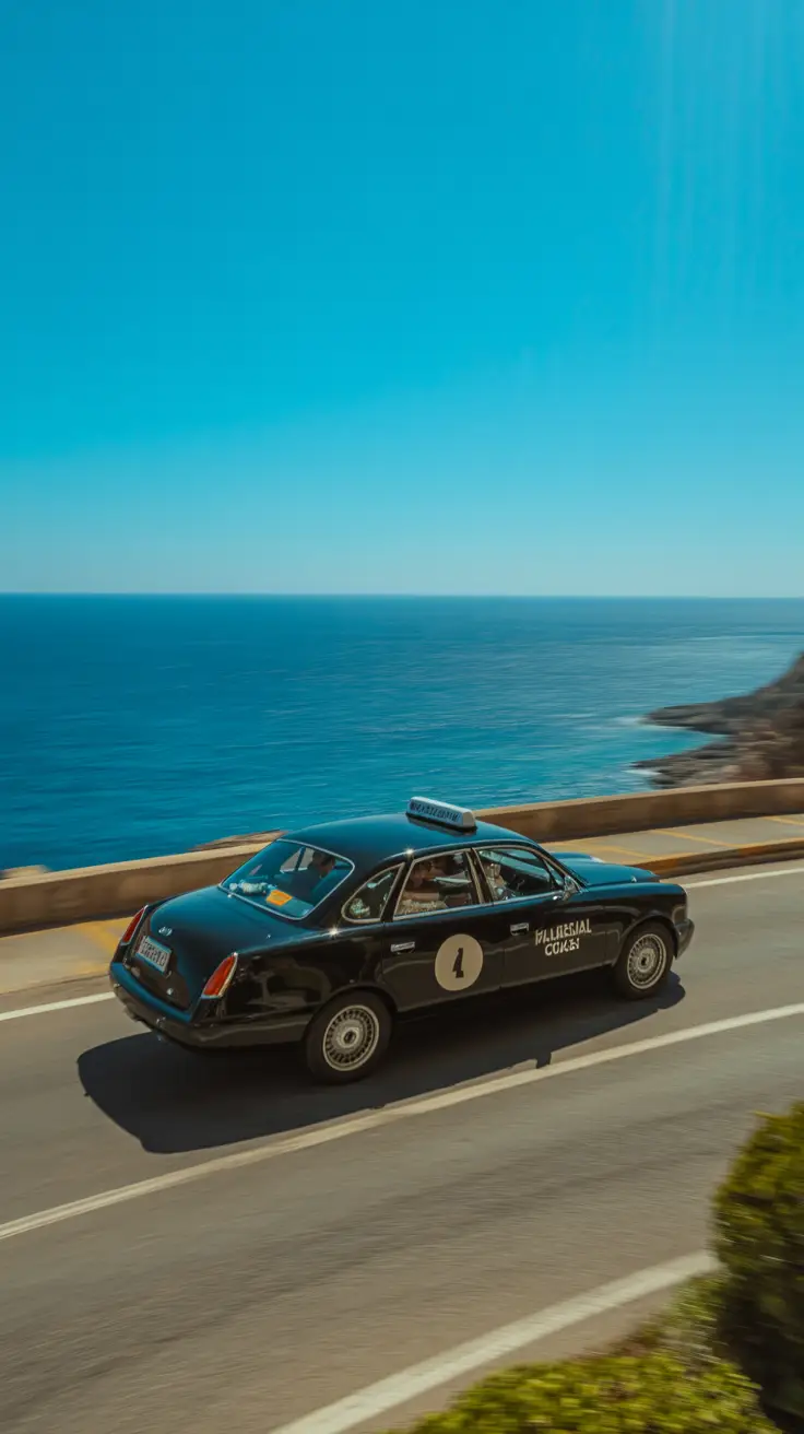 A sleek black taxi glides along a sunlit coastal road, with Ibiza’s turquoise waters sparkling in the background under a cloudless blue sky.