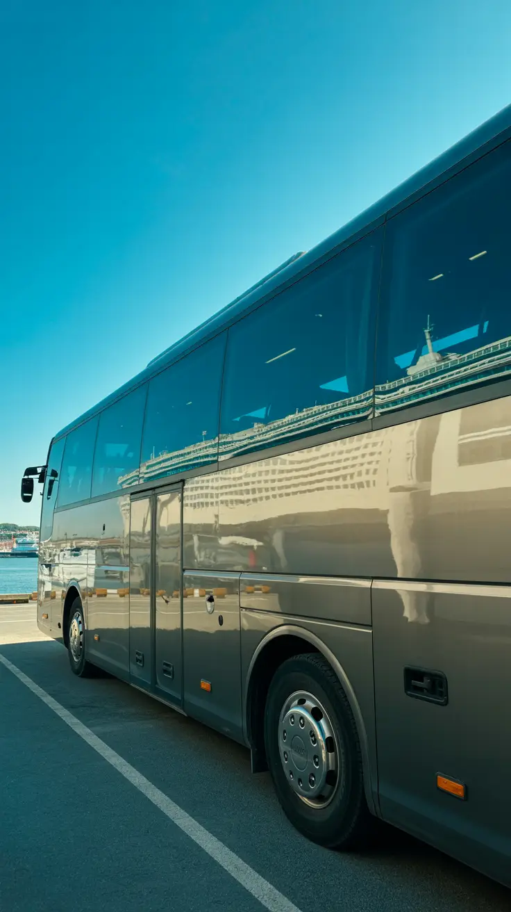 A sleek tour bus waits under a bright blue sky at the Livorno port, its windows reflecting rows of cruise ships and the sunlit harbor.