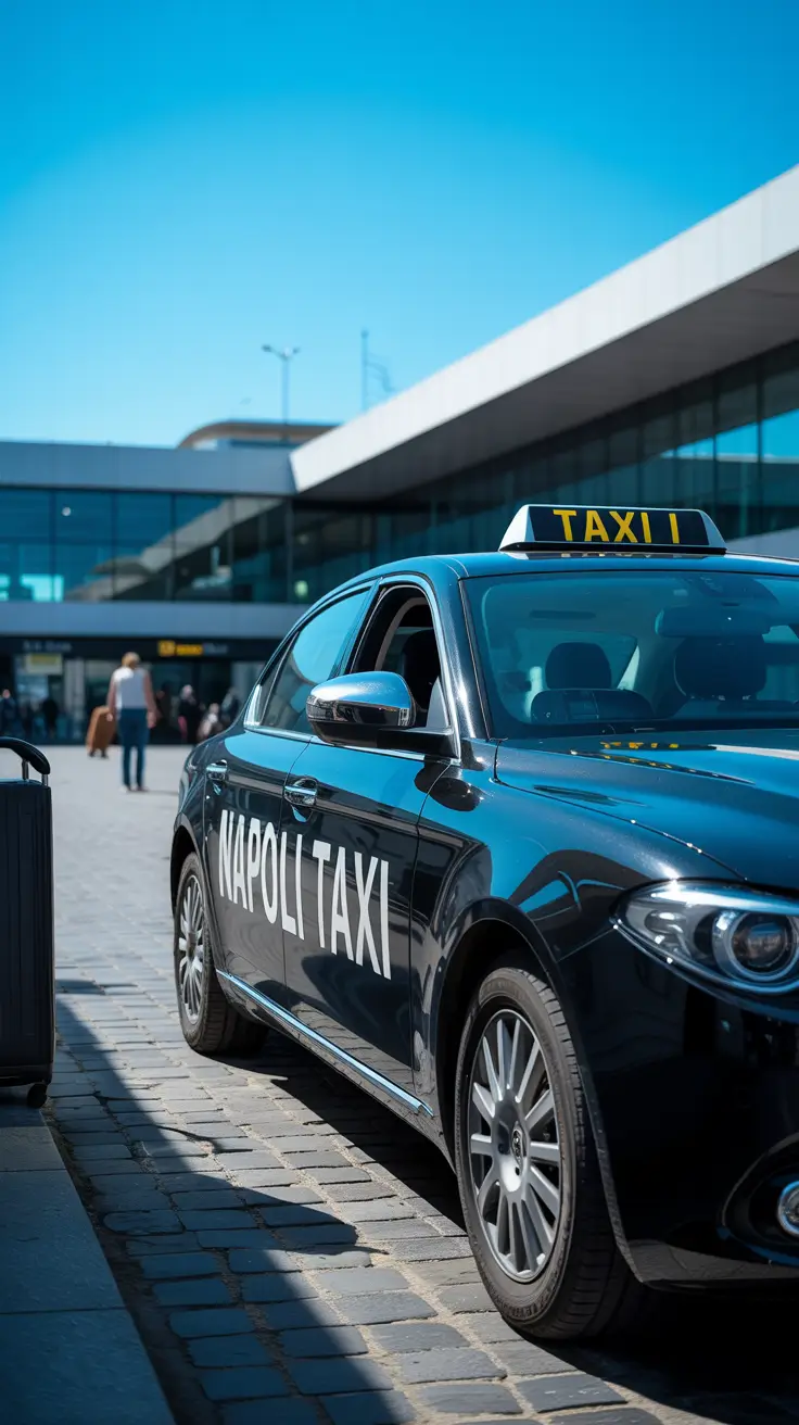 A sleek black Napoli Taxi with polished, reflective surfaces is parked at an angle outside Naples Airport on a cobblestone driveway. Elegant white "Napoli Taxi" lettering adorns the side of the vehicle. Under a vibrant blue sky, the airport terminal's modern architecture rises in the background, with a few blurred travelers moving beneath the warm sunlight.