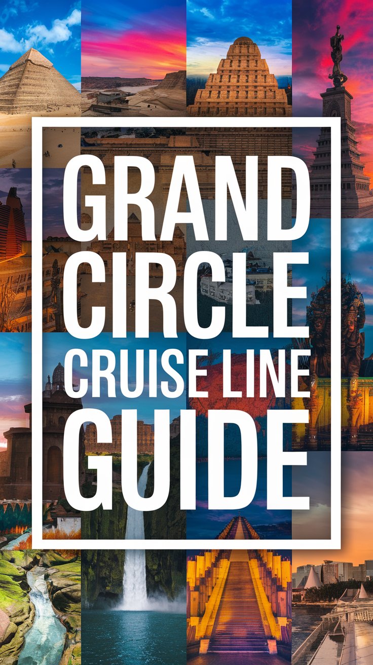 A photo collage with a big text overlay that says "Grand Circle Cruise Line Guide". The text is thick, distinctive, and set prominently in a big box, using a bold white color for maximum visibility. The collage contains vibrant images of various destinations, including pyramids, temples, mountains, waterfalls, cities, and landmarks.