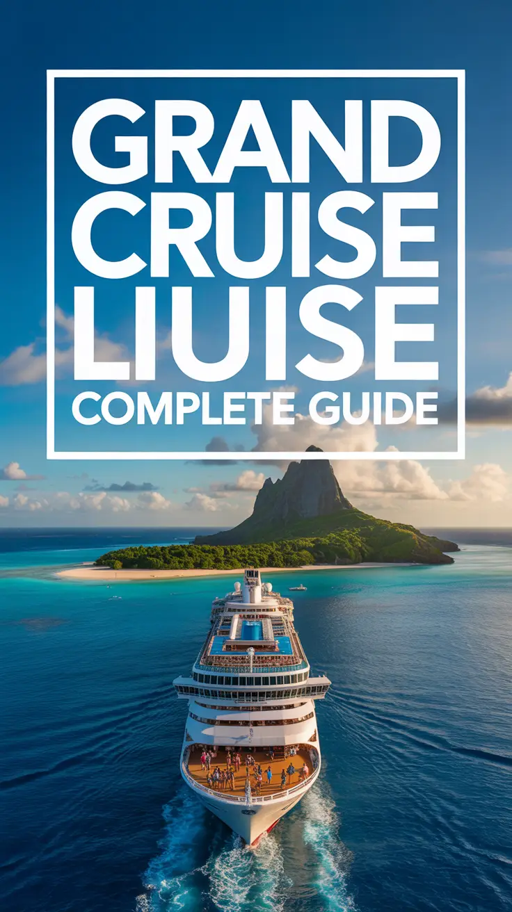 A vibrant travel poster showcases a luxurious Grand Circle Cruise Line ship sailing through turquoise waters toward a tropical island with lush greenery and white sandy beaches, under a bright blue sky with fluffy clouds. The image highlights relaxation and adventure with sunlit decks and colorful, inviting scenery.