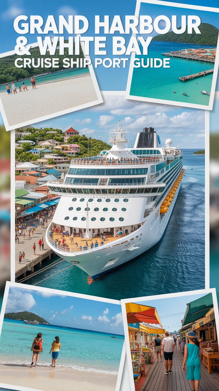 A travel guide poster in a vibrant, illustrative style showcasing "Grand Harbour & White Bay Cruise Ship Port Guide". The central focus is a luxurious cruise ship docked in a bustling harbour, with its white hull gleaming under a bright, tropical sun and multiple decks filled with passengers enjoying the view. Surrounding the ship is a collage of smaller images depicting pristine white sand beaches, crystal-clear turquoise waters, and colourful local market scenes, all rendered in a cheerful, postcard-like aesthetic. The background features a soft gradient of blues and greens, evoking a sense of paradise and inviting exploration.
