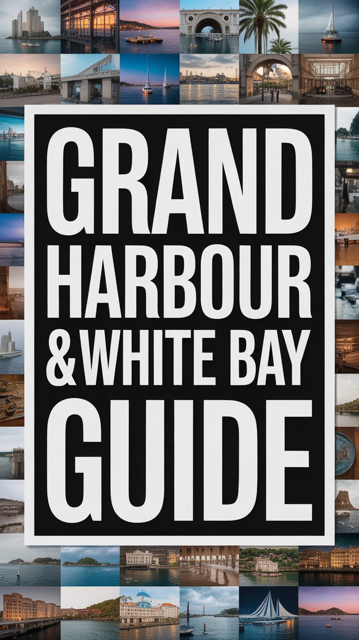 Big text overlay: Grand Harbour & White Bay Guide. It's designed to immediately grab attention with its thick, distinctive lettering set prominently in a big box, utilizing a simple yet striking bold white color for maximum visibility. Surrounding this eye-catching typography, a collage of vibrant images. No other text.