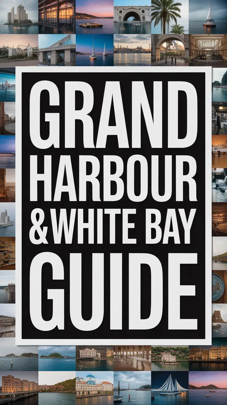Big text overlay: Grand Harbour & White Bay Guide. It's designed to immediately grab attention with its thick, distinctive lettering set prominently in a big box, utilizing a simple yet striking bold white color for maximum visibility. Surrounding this eye-catching typography, a collage of vibrant images. No other text.