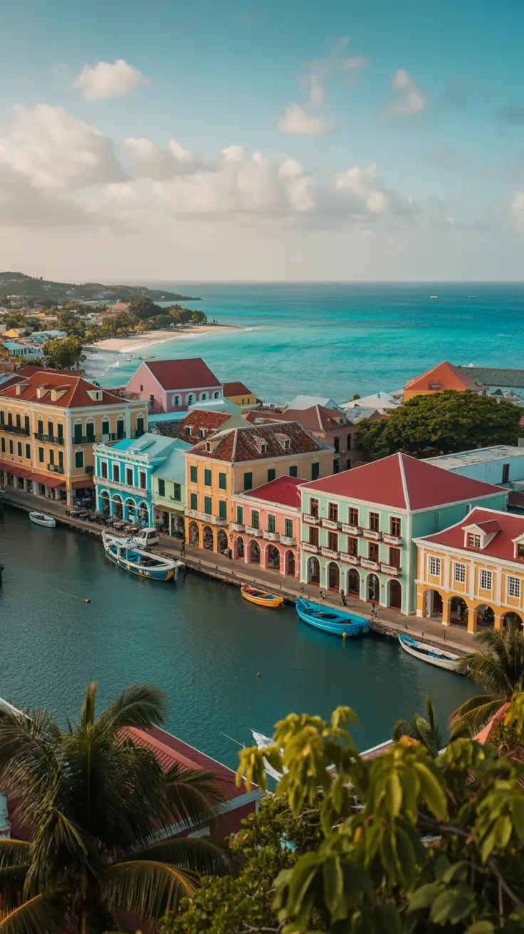 A vibrant aerial view of a historic Caribbean harbor town with colorful colonial architecture, turquoise waters, and lush tropical scenery at sunset.