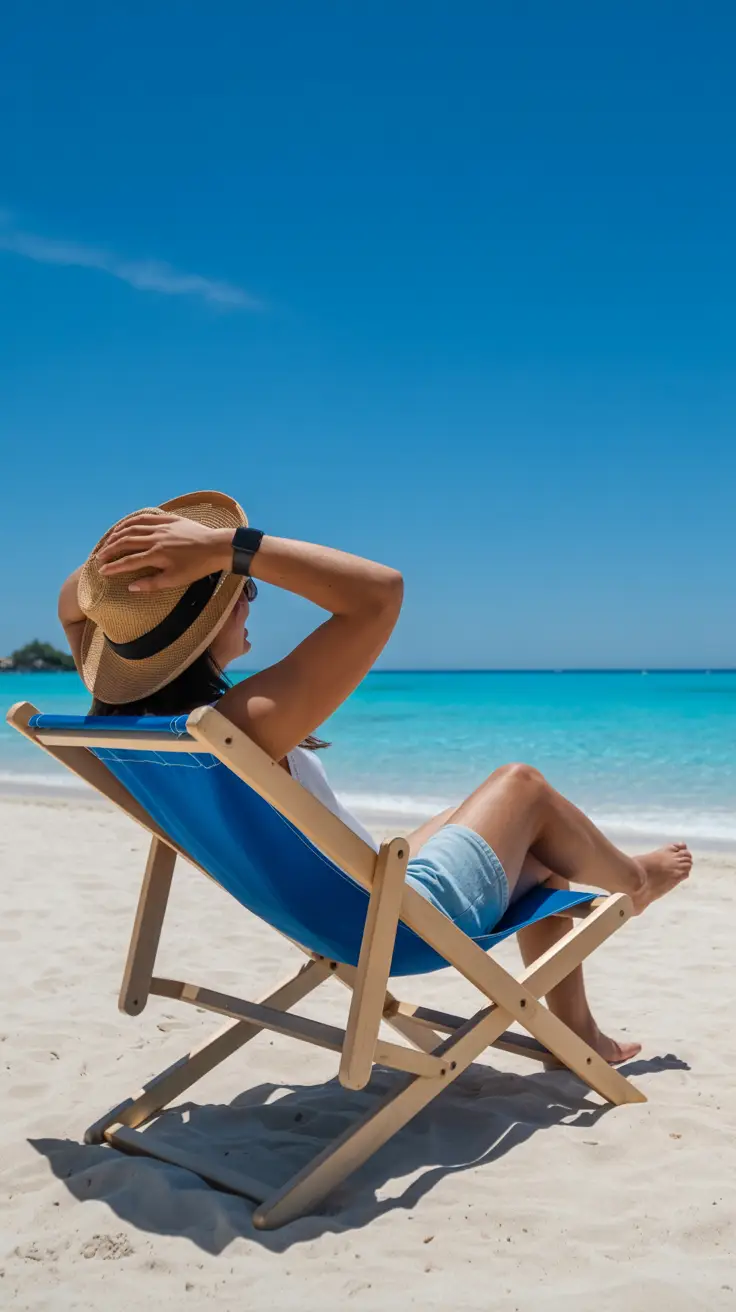 A smiling solo traveler lounges on a beach chair by a crystal-blue ocean, wearing a straw hat for shade under a bright sunny sky, capturing a peaceful and vibrant tropical escape.