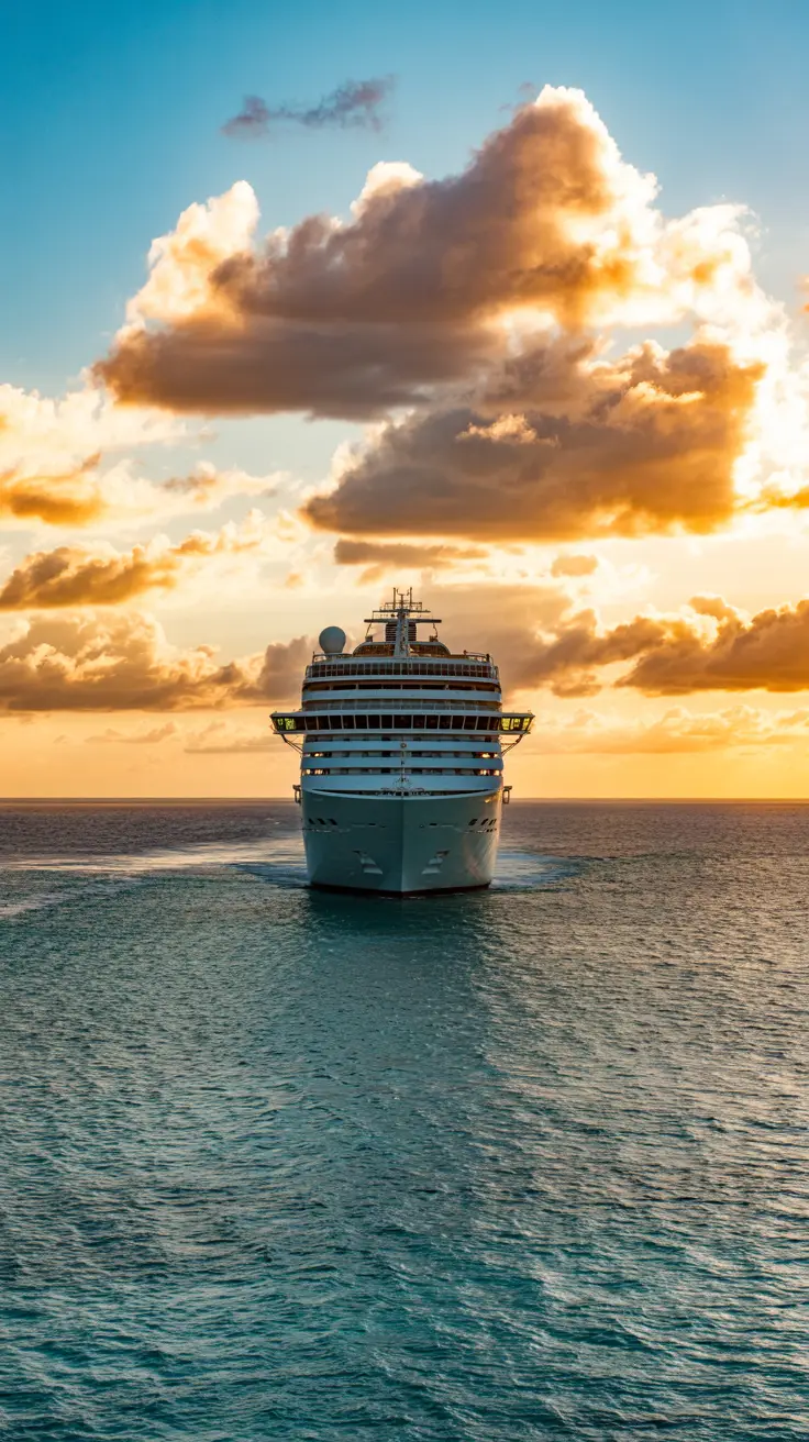 A sleek cruise ship glides past Bimini’s turquoise shore beneath a vibrant, cloud-streaked sky as the late afternoon sun casts golden light on calm waters.