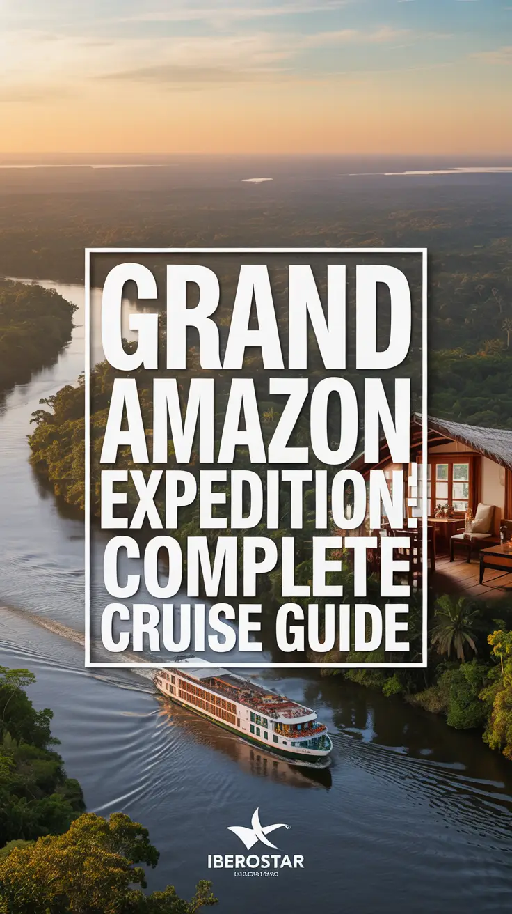 A striking product shot advertisement for Iberostar's "Grand Amazon Expedition: Complete Cruise Guide," featuring bold title text in a white box over a lush sunset rainforest scene with a traditional riverboat, exotic wildlife, and a collage of luxury cruise highlights like cabins, cuisine, and excursions—capturing adventure and elegance. Alt Tag: Luxurious Iberostar Amazon cruise ad with sunset rainforest, riverboat, and collage of deluxe travel experiences.