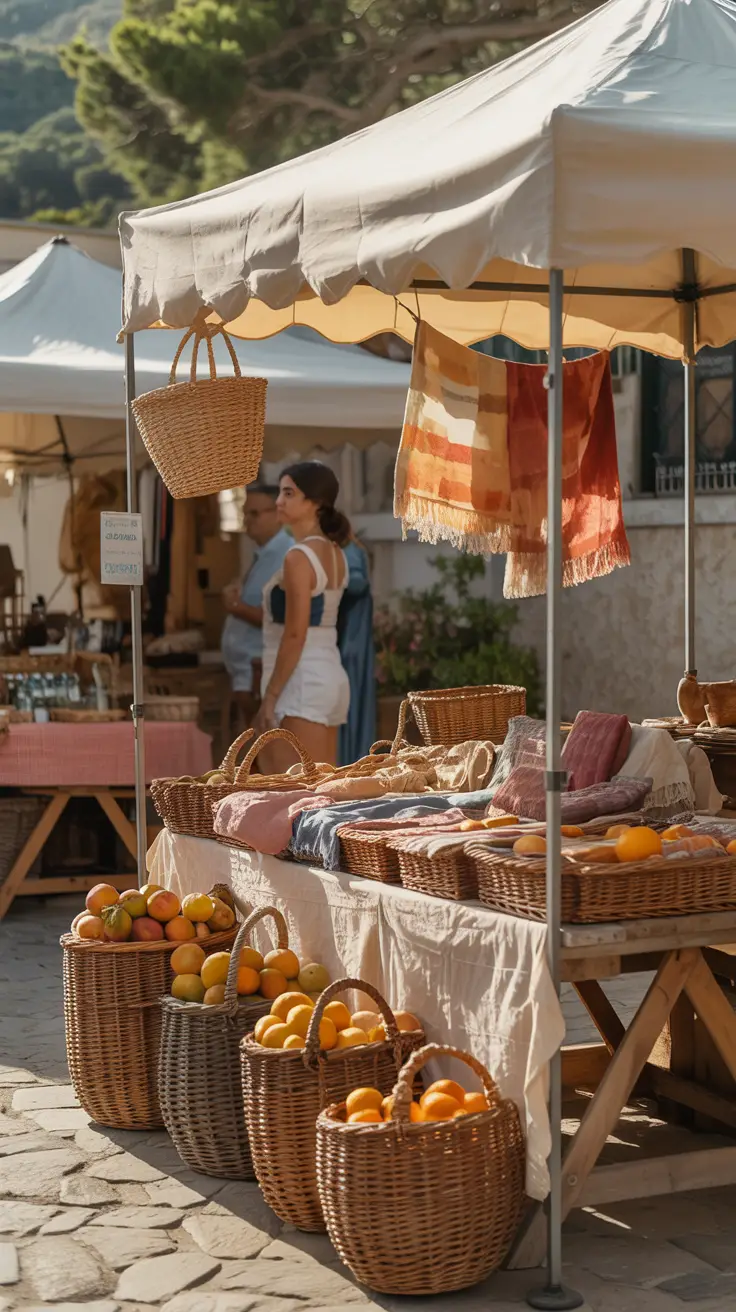 A high-end photo captures a sunlit stall at a quiet Ibiza countryside market, with woven baskets spilling over with ripe oranges and hand-dyed textiles fluttering in the warm breeze.