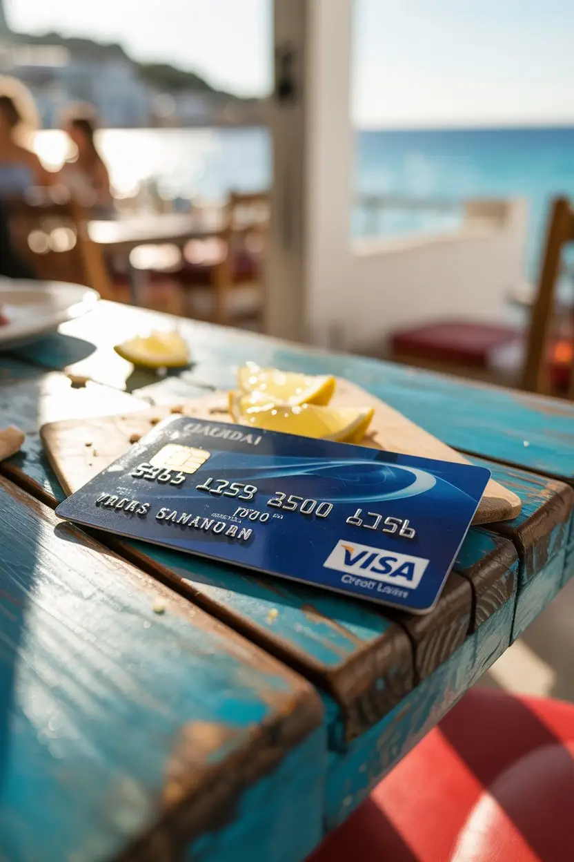 A photograph of a Visa credit card lying on a weathered wooden table in a vibrant Ibiza restaurant. The card is angled slightly, displaying its classic blue and white design with the raised embossed lettering of "VISA" and the iconic logo. Sunlight streams through a nearby window, illuminating the card and casting soft shadows on the table's surface, which is partially covered in crumbs and a few scattered lemon slices. In the blurred background, glimpses of a turquoise sea and white buildings suggest a picturesque Mediterranean vista.