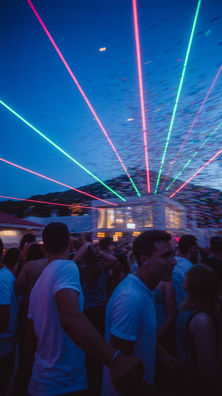 A photograph capturing the vibrant energy of Ibiza nightlife during a summer evening. The focus is on a blurred scene of silhouetted figures dancing under pulsating neon lights, their forms indistinct against a backdrop of a sprawling outdoor club. Sparkling confetti floats in the air illuminated by colorful laser beams, creating a sense of movement and celebration. The overall scene is bathed in deep blues and purples, evoking the excitement and mystique of a memorable night.