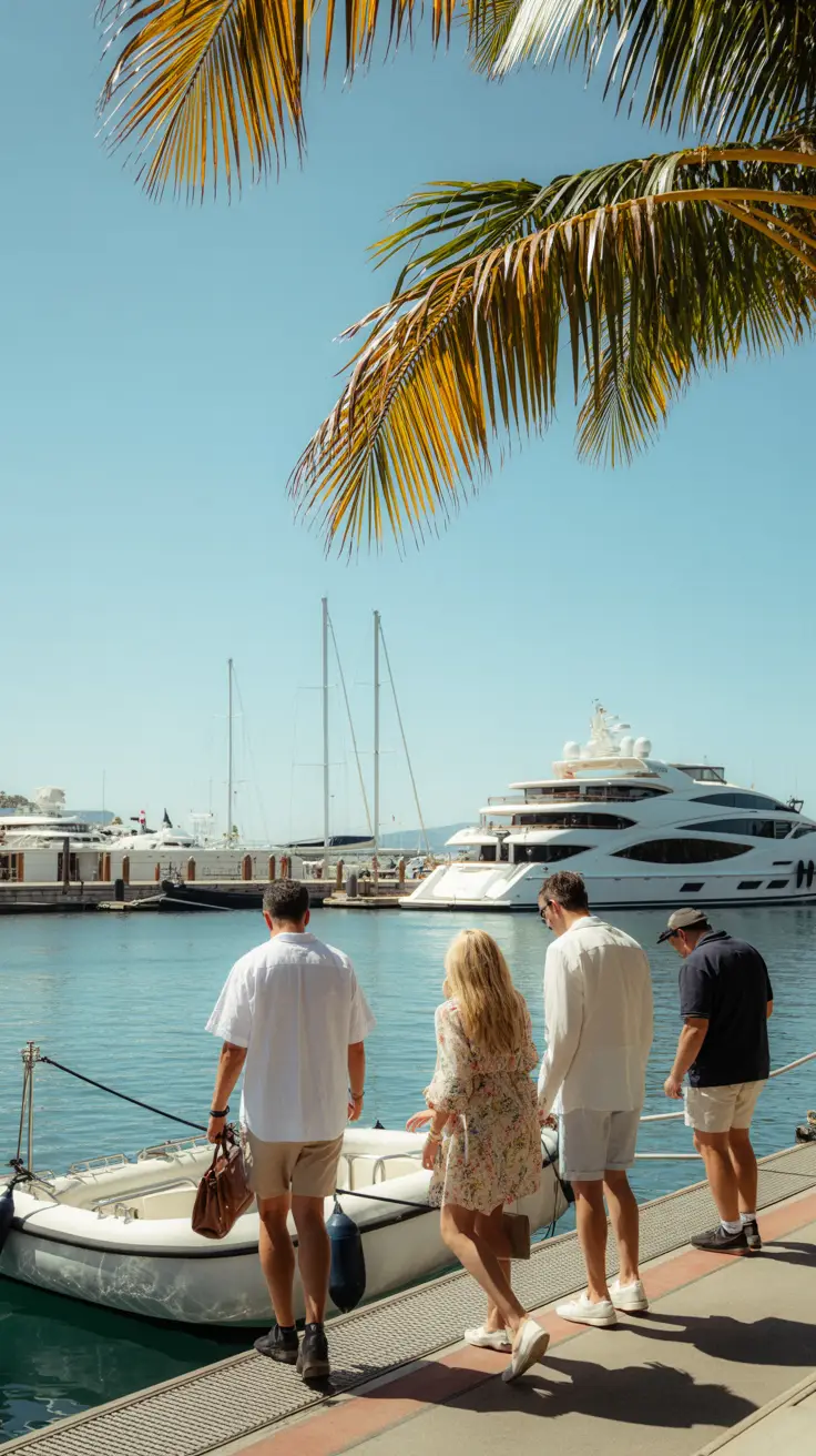 A high-end photo captures cruise passengers stepping off a tender boat onto Ibiza’s sunlit marina, with clear blue skies, white yachts gleaming, and palm trees swaying gently in the bright afternoon.