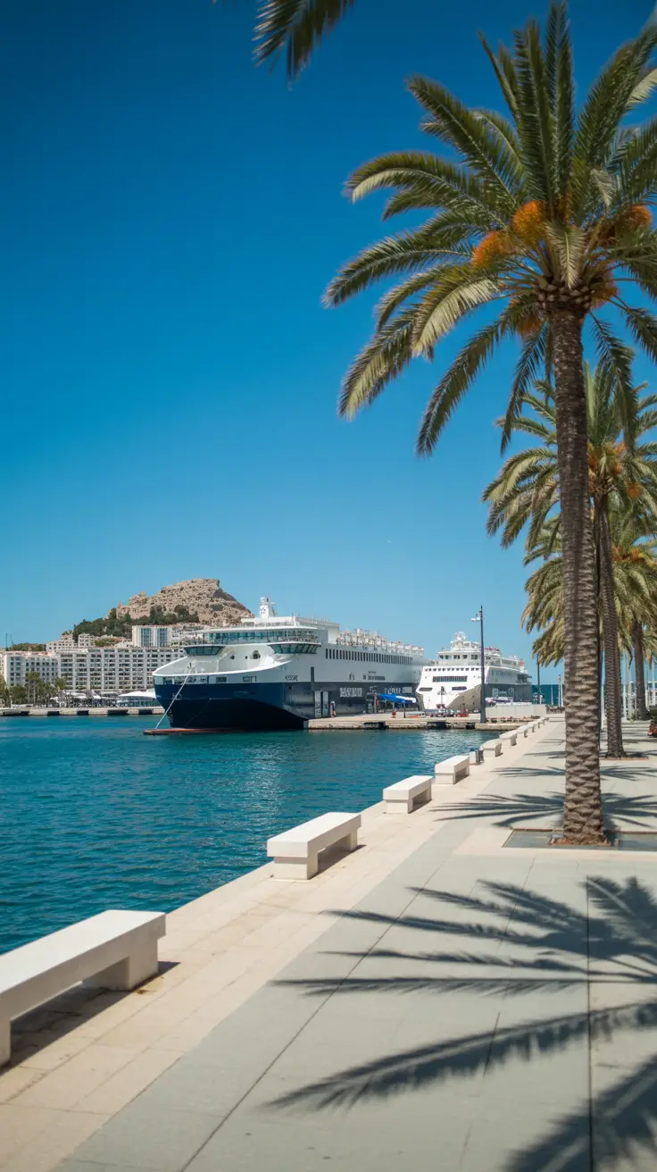 A crisp, high-resolution photo of Ibiza Port terminal on a bright sunny day—sleek white buildings line the waterfront, a few moored ferries glint on the clear blue sea, and palm trees cast soft shadows on the clean, sunlit promenade.