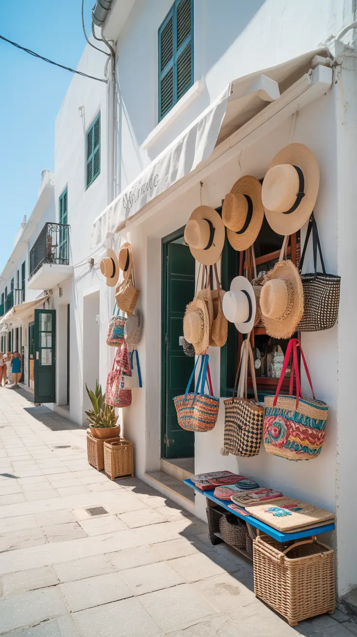 A high-end photo captures a bright sunny day at Ibiza Port, where colorful woven bags and handmade straw hats hang neatly outside a whitewashed boutique, with sunlight casting crisp shadows on the cobbled walkway.