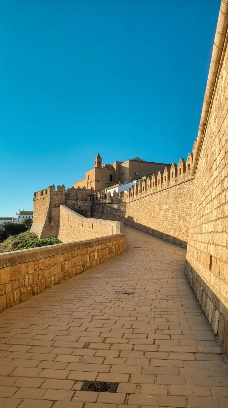 A sunlit stone path winds through Dalt Vila’s ancient, golden walls, casting crisp shadows beneath a glowing bright blue sky and historic fortifications.