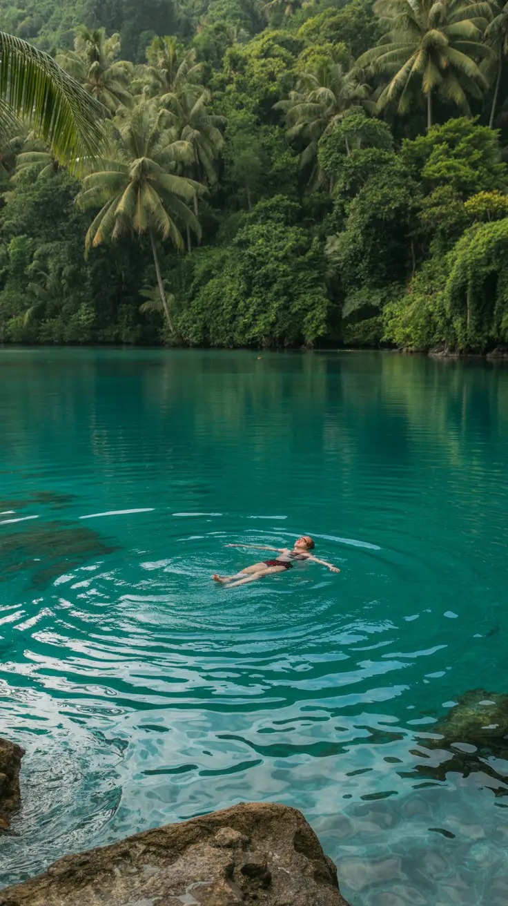 A crystal-clear turquoise lagoon bordered by lush green jungle, with a peaceful swimmer floating near the edge and sunlight shimmering across the water’s surface.
