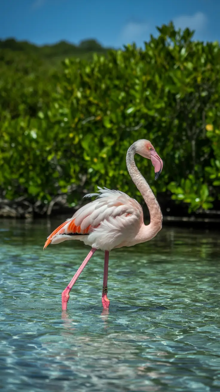 A lone flamingo stands in shallow, crystal-clear water, its pink feathers glowing under the bright Caribbean sun, with a backdrop of lush green mangroves.