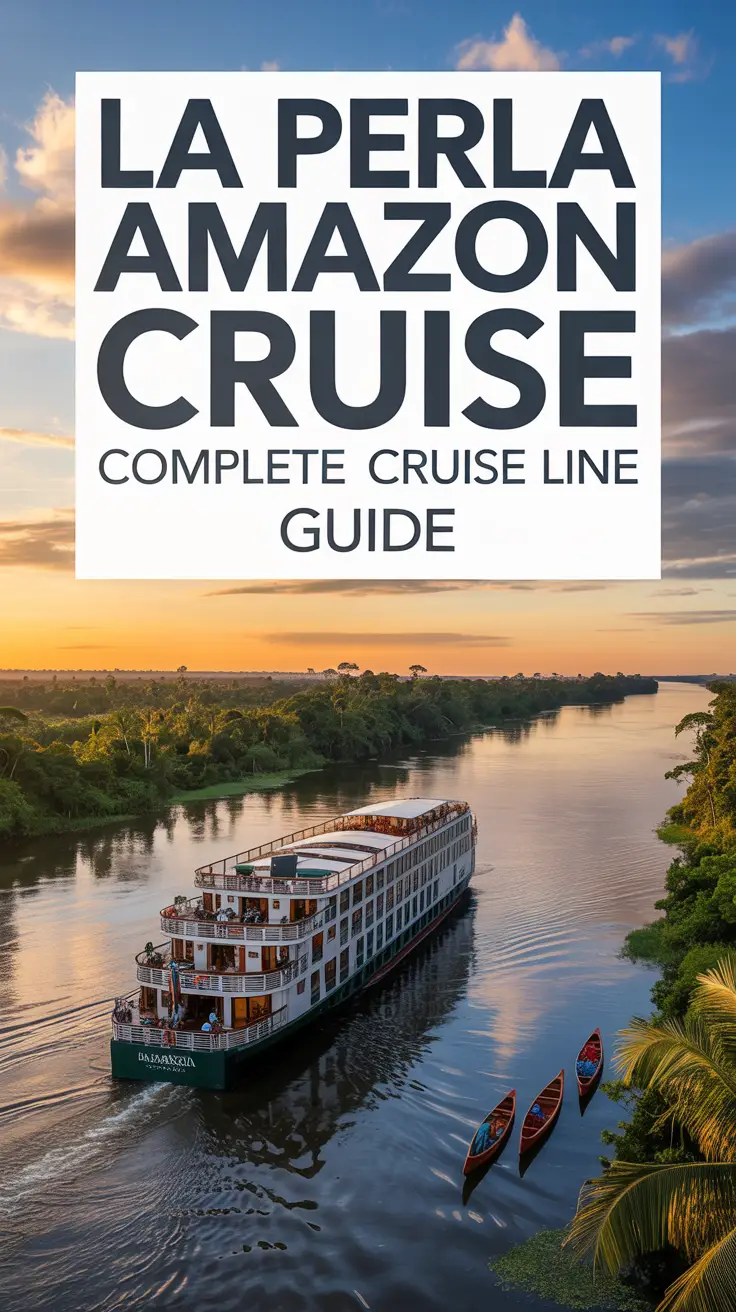 A vibrant travel poster promoting "La Perla Amazon Cruise: Complete Cruise Line Guide" features a luxurious river cruise ship at sunset on the Amazon River, surrounded by lush rainforest, glowing sky reflections, and indigenous canoes for cultural flair. Alt Tag: Sunset Amazon River cruise with luxury ship, rainforest backdrop, and local canoes for "La Perla Amazon Cruise" guide.