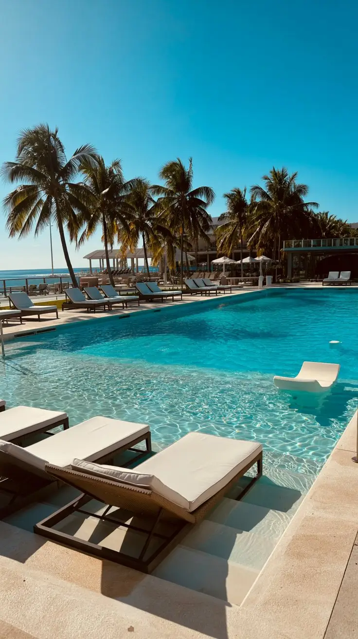 A photograph of a luxurious infinity pool at the La Romana Cruise Terminal on a bright sunny day. The pool's turquoise water shimmers under the intense sunlight, with a subtle gradient of color from deep blue at the edges to a lighter aqua in the center. Several plush lounge chairs with white cushions are strategically placed around the pool, inviting relaxation while a gentle sea breeze ruffles the palm trees in the background. The scene is bathed in warm sunlight, creating long shadows and highlighting the polished concrete surrounding the pool.