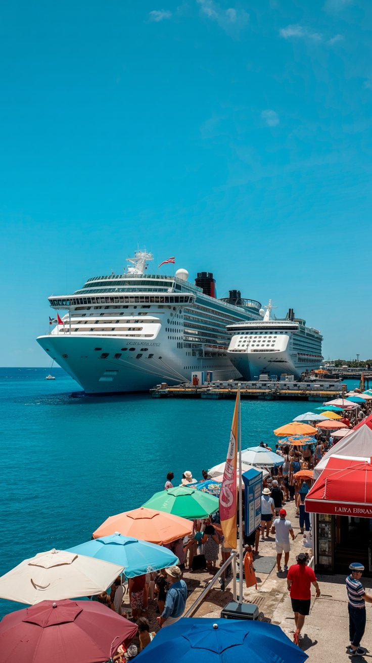 A photograph of La Romana cruise port on a brilliantly sunny day. Several large cruise ships with white hulls and red accents are docked at the pier, their flags waving gently in the breeze. The foreground shows a bustling scene of tourists disembarking, with colorful umbrellas and vibrant shops lining the waterfront. The turquoise ocean stretches out to the horizon under a clear blue sky, creating a picturesque and inviting atmosphere.