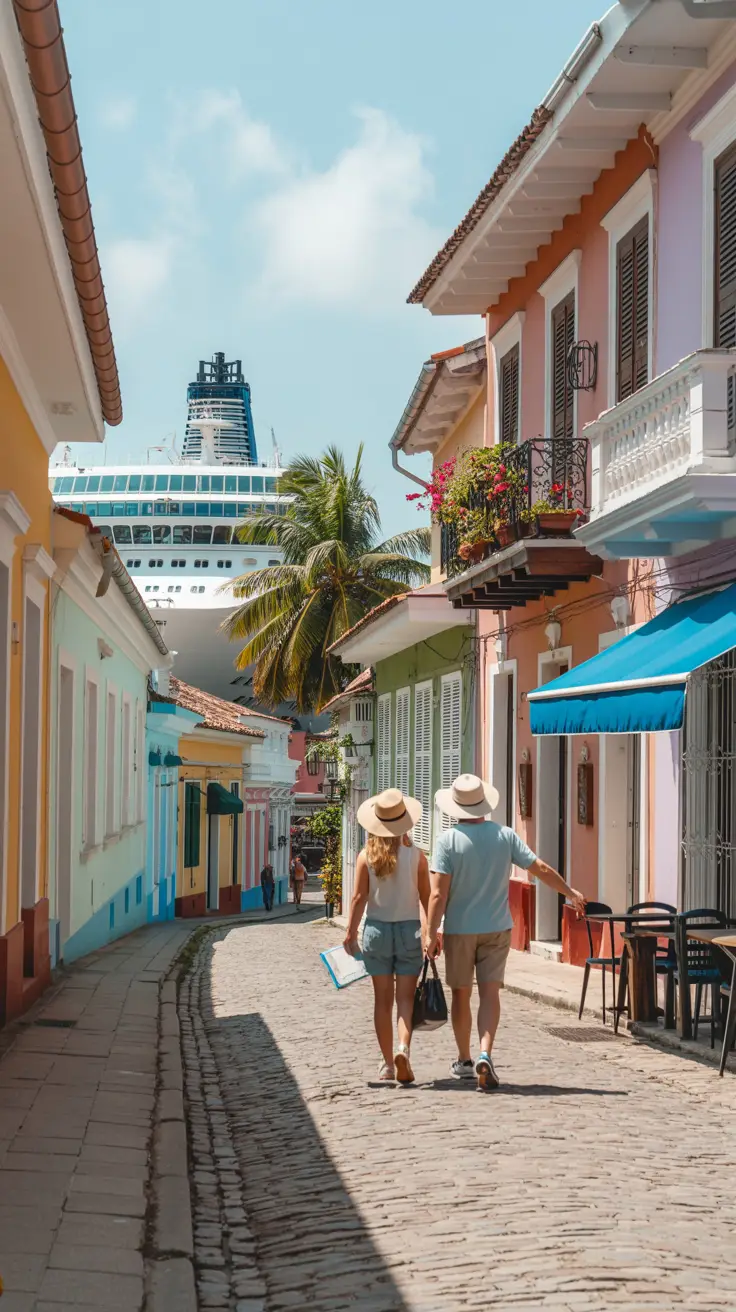 A sunlit cobblestone street winds through a colorful colonial neighborhood near La Romana port, featuring pastel-painted buildings with wooden shutters and flowering balconies; a cruise ship is visible behind palm trees, while tourists in sun hats stroll with a map toward a café shaded by a blue awning.