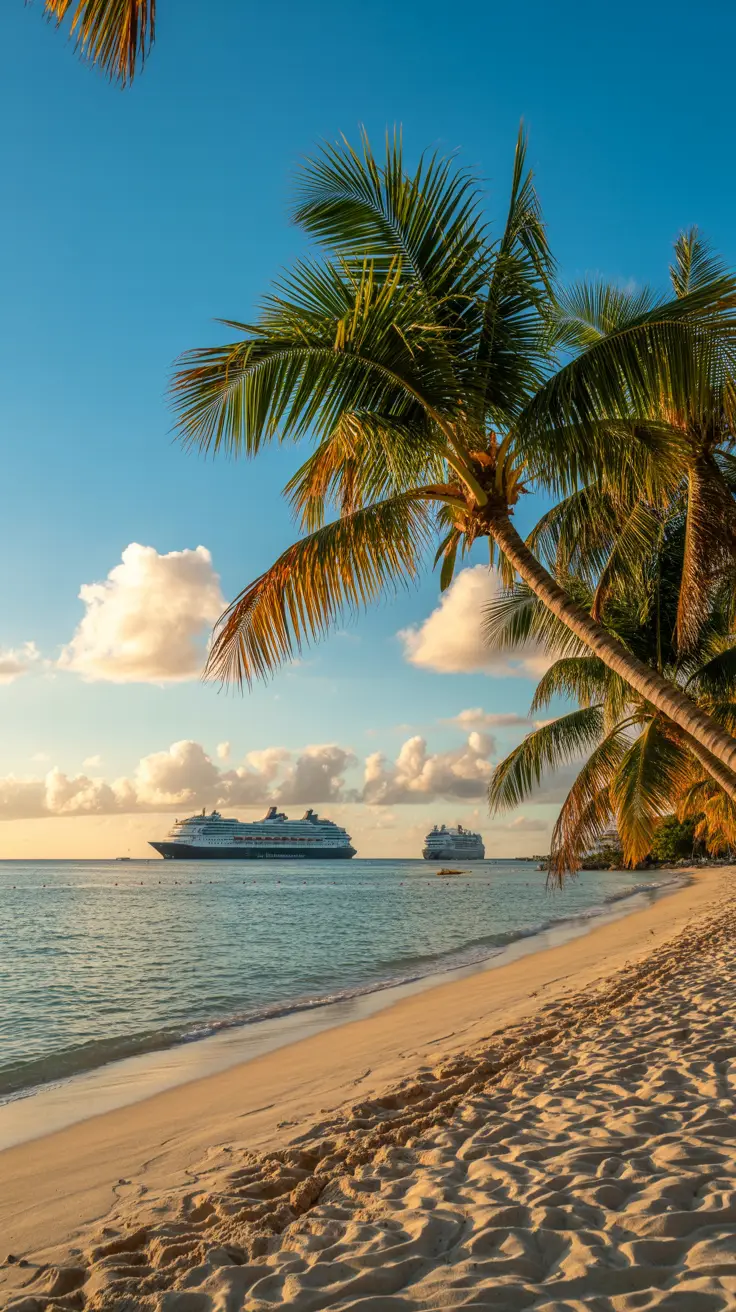 A pristine beach near La Romana glows under golden sunlight, with gentle waves lapping against soft ivory sand. Towering palm trees sway lightly in the warm breeze, casting playful shadows. Cruise ships rest calmly offshore beneath a vivid blue sky dotted with cotton-like clouds. The vibrant colors and crisp details capture the essence of a perfect Caribbean day.