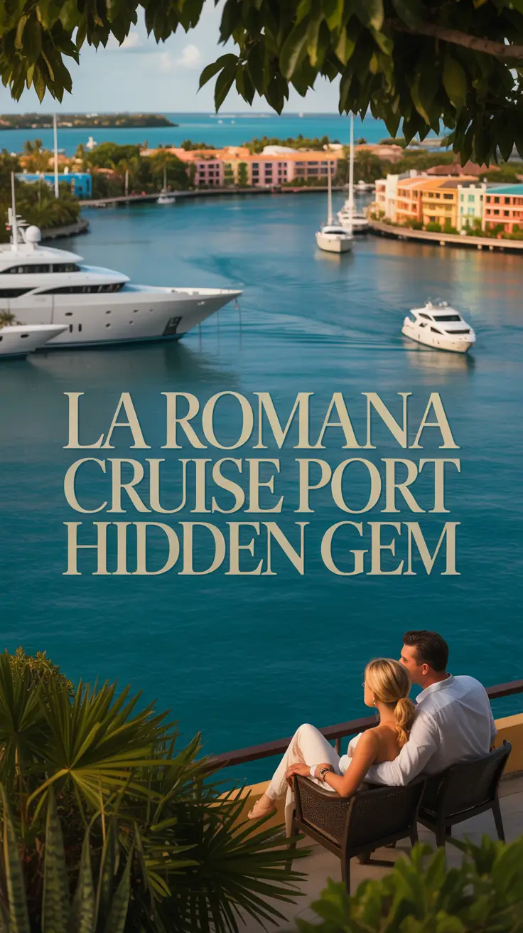 A panoramic sunset view of La Romana cruise port with luxury yachts, tropical scenery, and a stylish couple enjoying the moment from a balcony.
