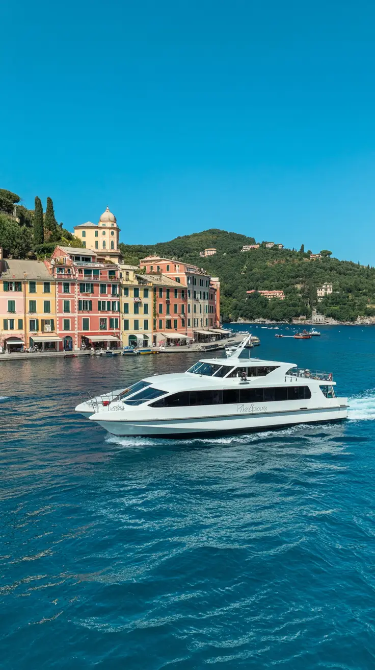 A sleek white ferry glides over crystal-clear turquoise waters, with pastel-colored Portofino buildings nestled along the sunlit hillside in the background under a brilliant blue sky.