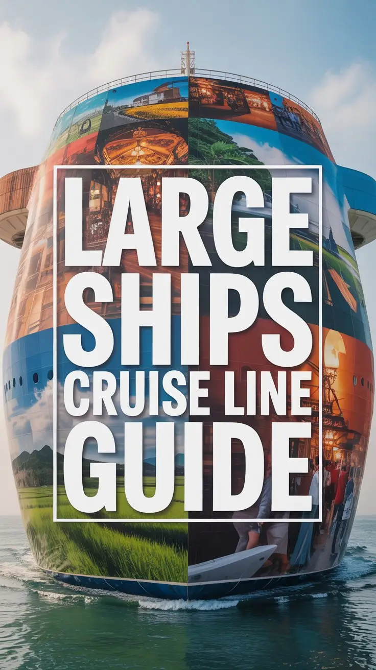 A bold, attention-grabbing lifestyle advertisement for the "Large ships Cruise Line Guide" showcases a dynamic collage of exotic travel destinations – vibrant Moroccan spice markets, serene Balinese rice paddies, and bustling Tokyo street scenes – all arranged in an overlapping, textured mosaic. Dominating the composition is a large, stylized box containing the text "Large ships Cruise Line Guide" in a thick, bold white font, designed to immediately command attention against the colorful backdrop. Subtle, diffused lighting enhances the vibrancy of the images, creating a sense of wanderlust and adventure, while the absence of cruise ships focuses attention on the destination experiences highlighted within the guide. The overall aesthetic is modern and aspirational, evoking a feeling of curated travel discovery with a clean, sophisticated mood perfect for enticing potential customers.