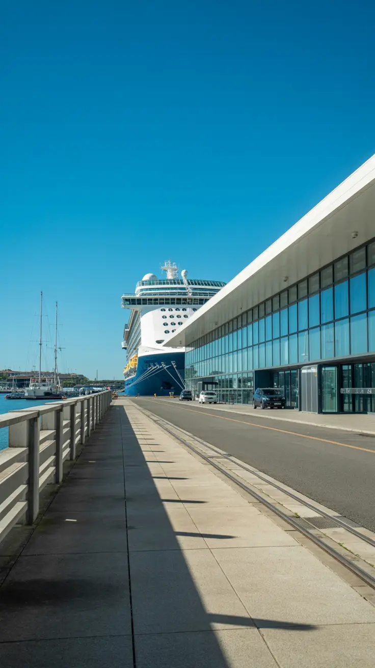 A bright sunny day at Livorno Cruise Port, showcasing a sleek passenger terminal with gleaming glass walls and a nearby docked cruise ship under a clear blue sky, with crisp shadows on the clean pavement.