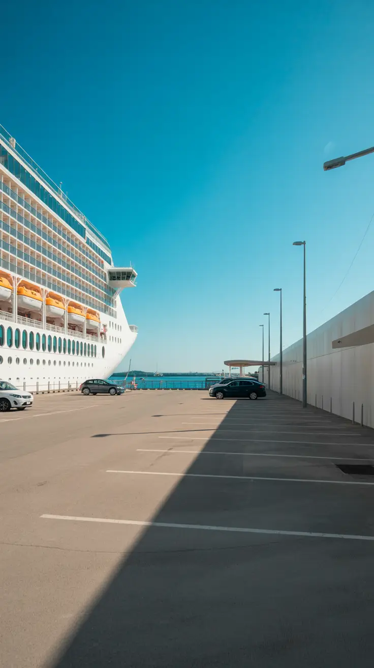 A bright, sunny day casts sharp shadows across a clean, open-air parking lot near Livorno Cruise Port, with a few neatly parked cars and a glimpse of a cruise ship towering in the background.