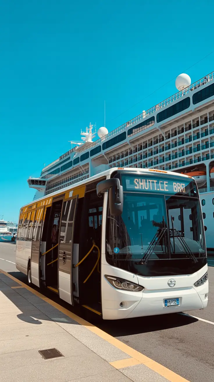 A bright sunny day at Livorno Cruise Port; a sleek white shuttle bus waits at the curb with its doors open, ready to transport passengers. In the background, towering cruise ships gleam under a clear blue sky, capturing the vibrant atmosphere of a bustling port.