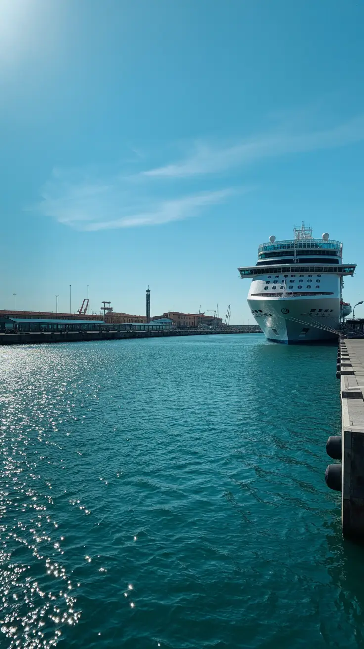 A crisp, high-resolution shot of Livorno Cruise Port under a clear blue sky, where sunlight sparkles off the calm harbor waters and a white cruise ship rests beside the dock.