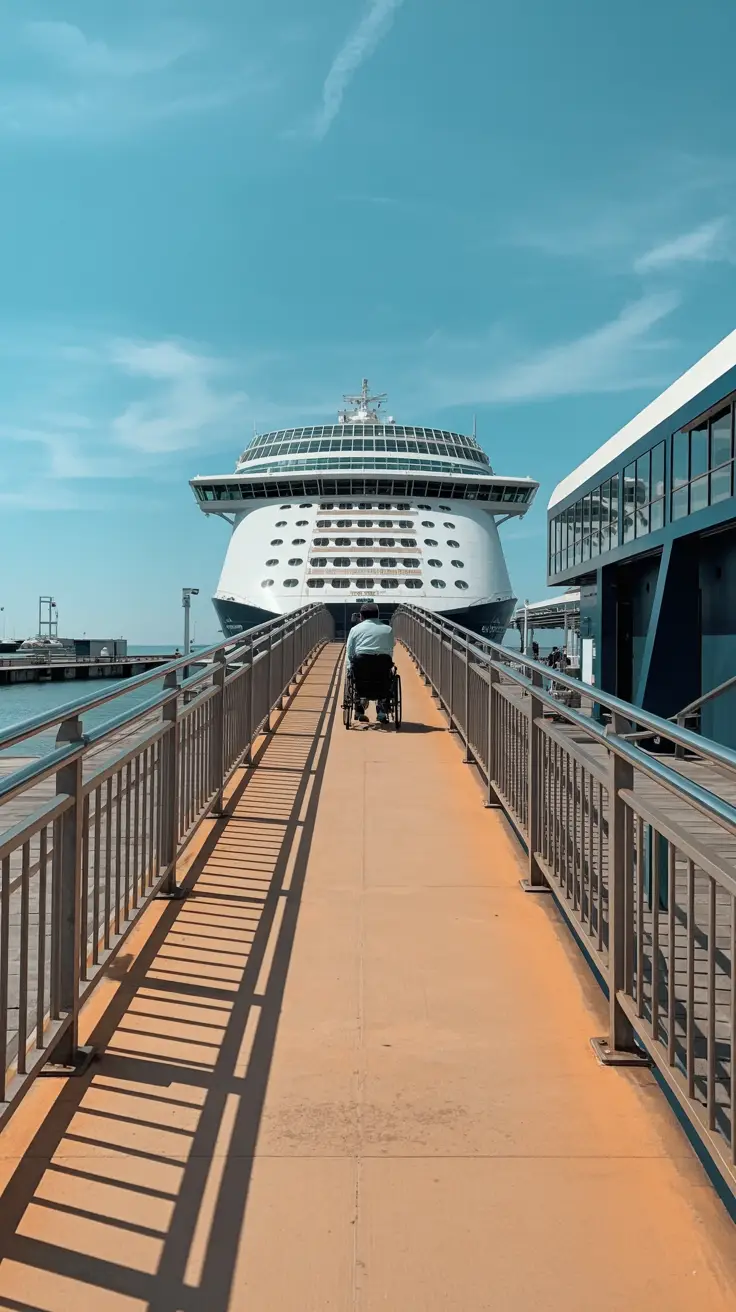 A bright sunny day at Livorno Cruise Port; a smooth, wide ramp with stainless steel railings leads from the dock to the terminal, with a wheelchair user ascending comfortably. A cruise ship gleams in the background under a clear blue sky.