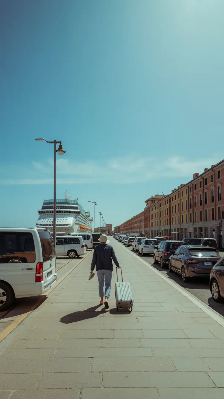 A bright sunny day at Livorno Cruise Port: a single traveler strides past parked shuttles and waiting taxis, rolling a suitcase along the wide, sunlit walkway.