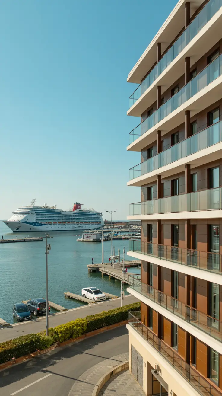 A bright, sunny day illuminates a modern hotel with clean lines and glass balconies, standing just steps from Livorno’s bustling port, with cruise ships visible in the background.