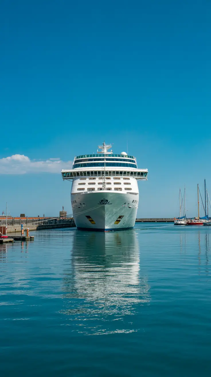 A crisp, high-resolution photo captures a single white cruise ship slowly approaching the bright blue harbor of Livorno under a clear, sunny sky, with calm water reflecting the sunlight and a few docked boats in the background.