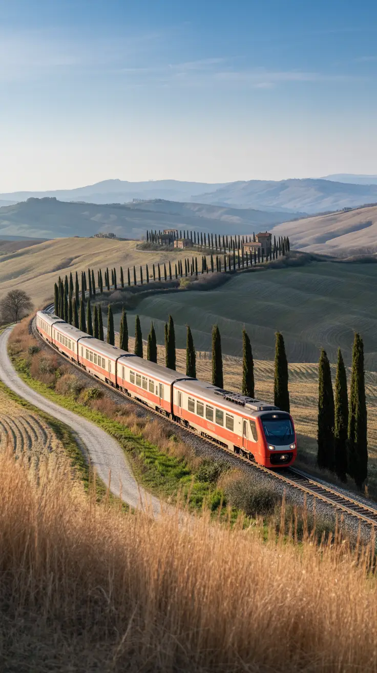 A high-end photograph captures a sunlit Italian train gliding past golden fields, with distant Tuscan hills and cypress trees under a clear blue sky.