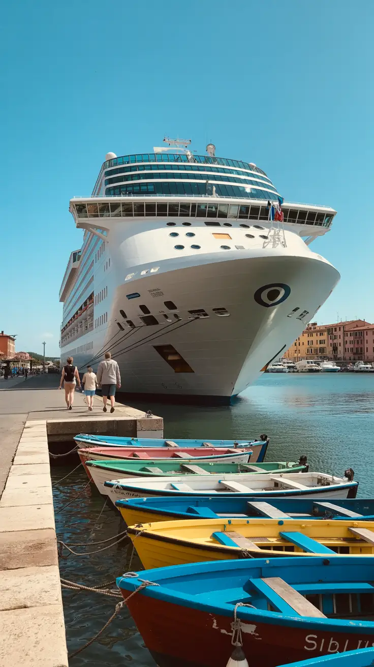 A sleek cruise ship gleams under the bright sun, docked beside Livorno’s harbor, as a small group of tourists with daypacks stroll past colorful fishing boats on the sunlit waterfront.