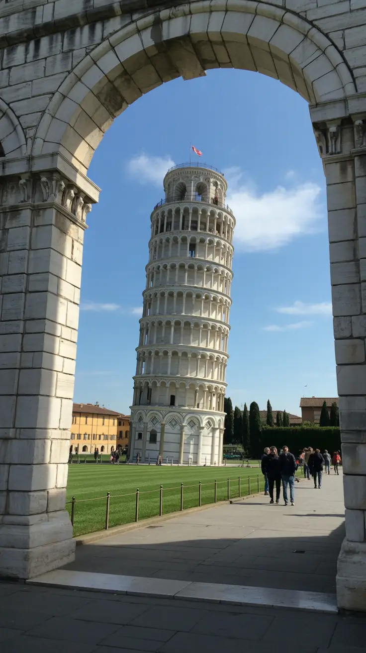 A bright sunny day casts crisp shadows as the Leaning Tower of Pisa rises behind a stone archway, framed by lush green grass and a few scattered tourists strolling quietly.