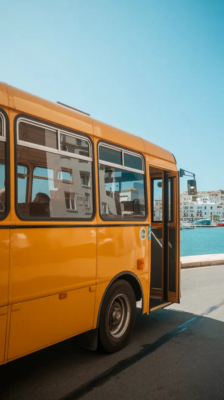 A bright yellow bus arrives at a sunny stop near Ibiza Port, reflecting the blue sky and distant whitewashed buildings.