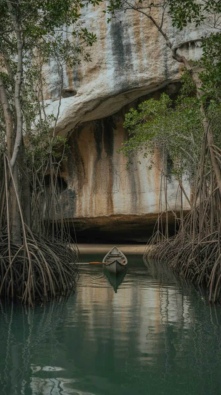 A narrow canoe glides through a winding channel flanked by dense mangrove roots rising from still, dark water. In the background, limestone cliffs loom, their surfaces streaked with age and shadow. Just ahead, the mouth of a cave opens wide, revealing faint ancient petroglyphs etched into the stone.