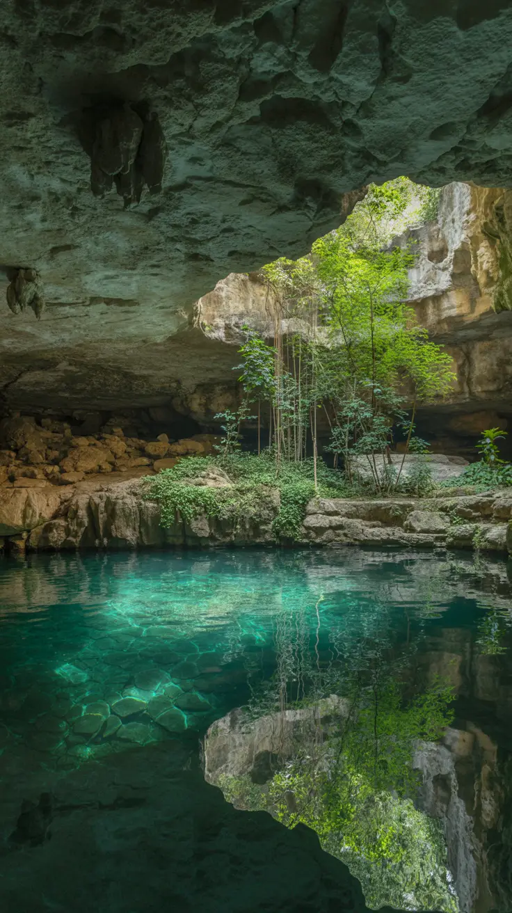 A crystal-clear cenote reflects the jagged ceiling of an underground limestone cave, bathed in soft, natural light filtering through a rocky opening above. Lush green vegetation clings to the cave walls, and the still, emerald water mirrors the textures of stone and foliage with stunning clarity. Shadows dance across the cavern, emphasizing its depth and ancient beauty.