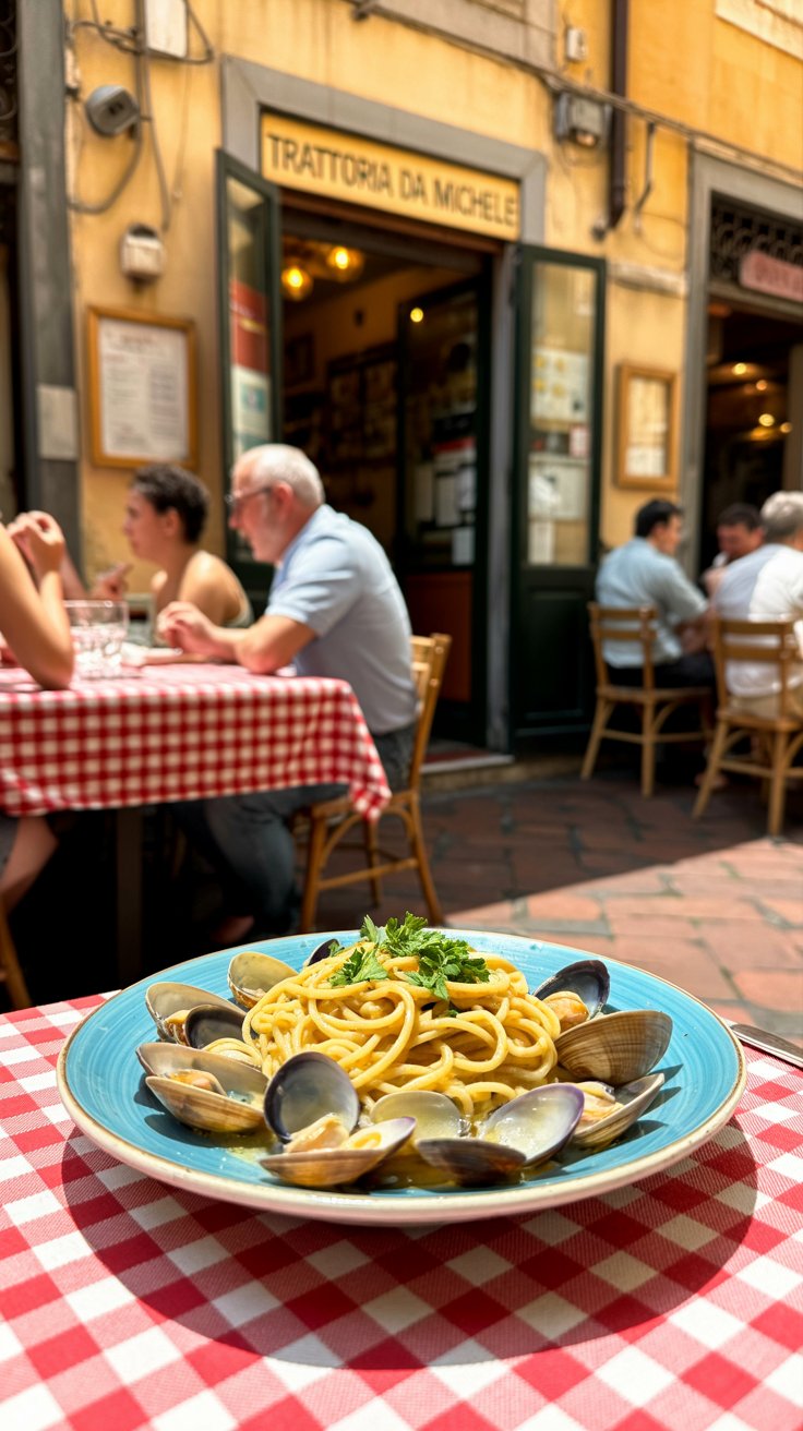 A photograph of a checkered tablecloth-covered table at a bustling trattoria in Naples, Italy. A plate of steaming spaghetti alle vongole sits prominently on the table, with glistening clams scattered amongst the pasta and a sprinkle of fresh parsley. Sunlight streams through the open window, illuminating the scene and casting warm shadows across the terracotta-tiled floor and the blurred figures of patrons enjoying their meals in the background. "Trattoria da Michele" is painted in faded lettering above the doorway.