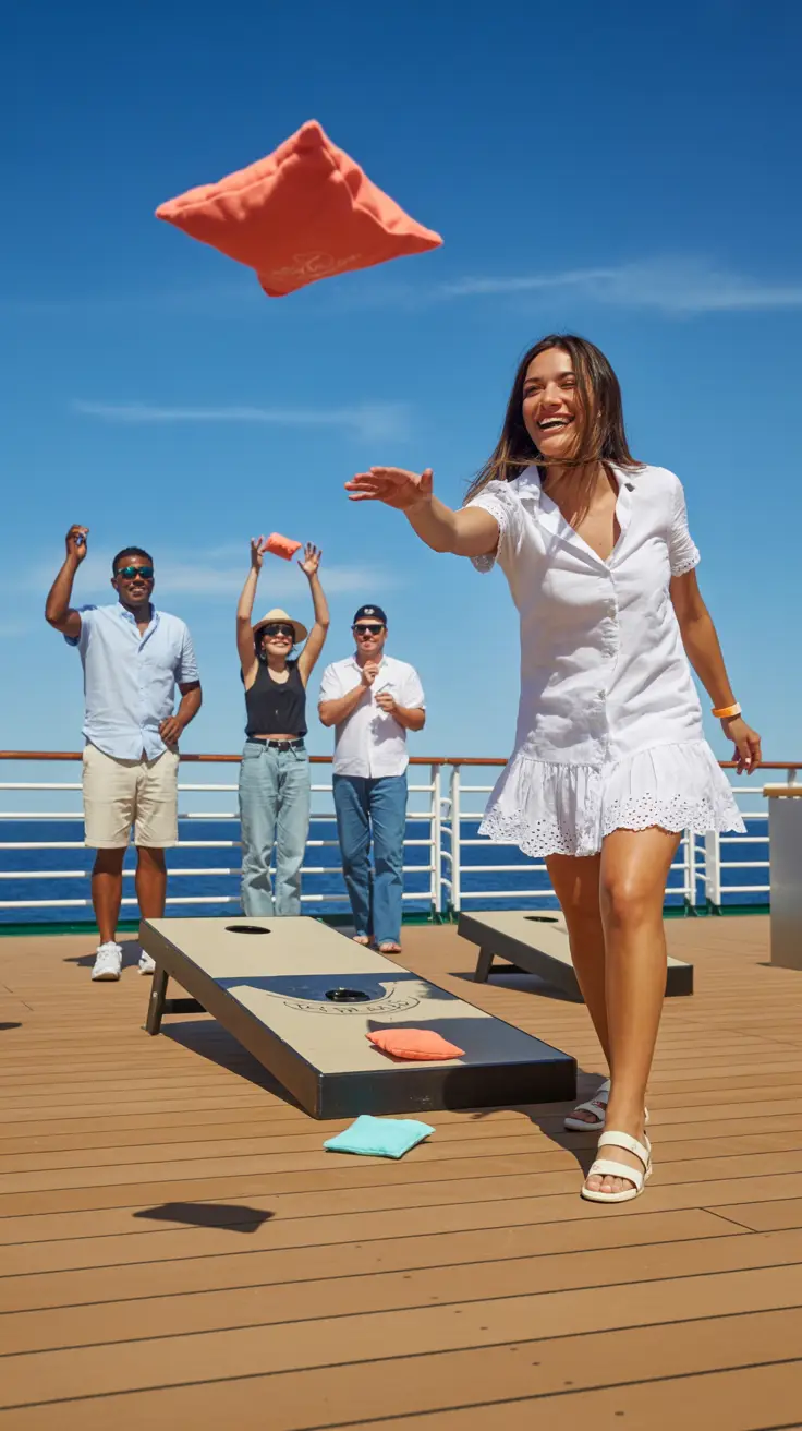 A smiling woman tosses a beanbag during a sunny afternoon cornhole game on a cruise ship deck, with a small group cheering nearby under a clear blue sky.